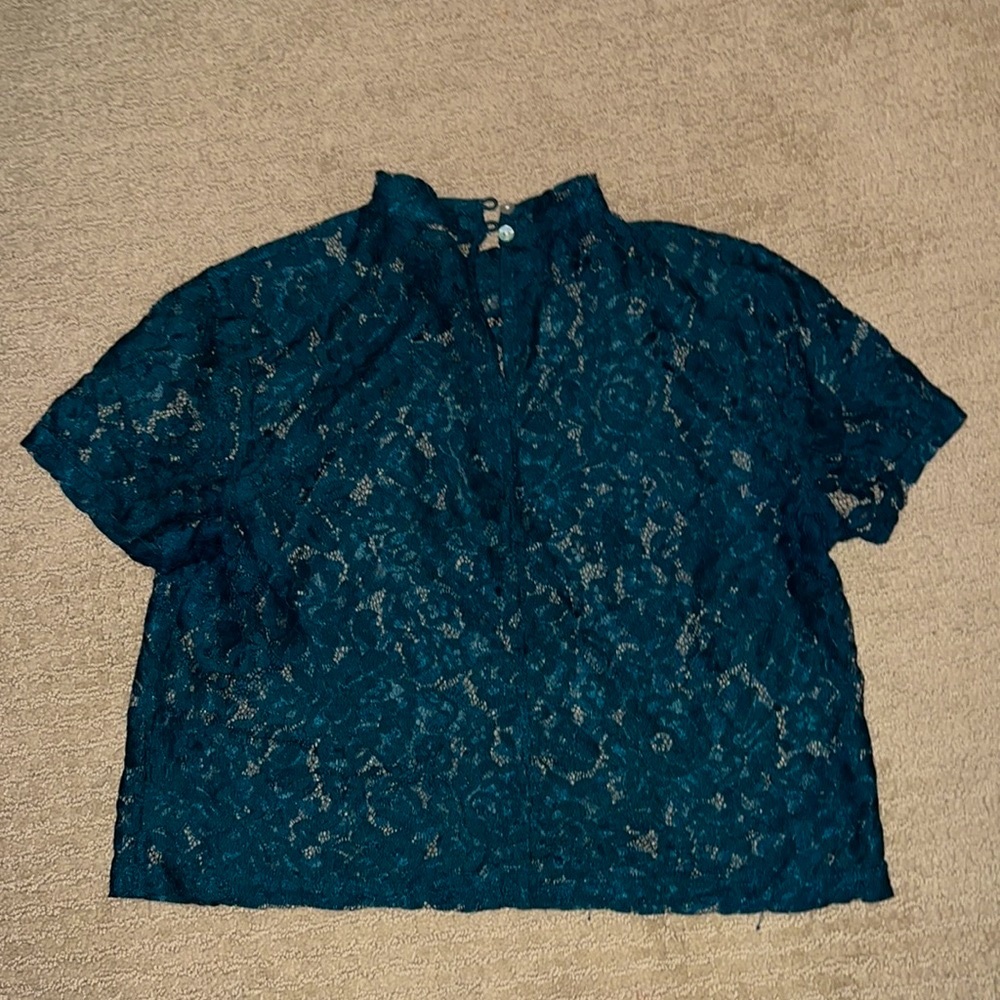 Blue mesh lace cropped top